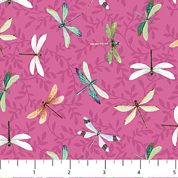 25060-28 $16.25/yd Colourful dragon flies on Hot pink