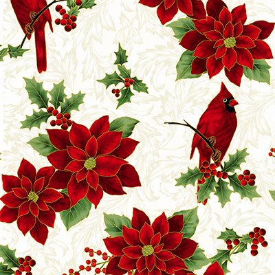27767-20 $18.45/yd Cardinal and Poinsettias on White and Holly too!