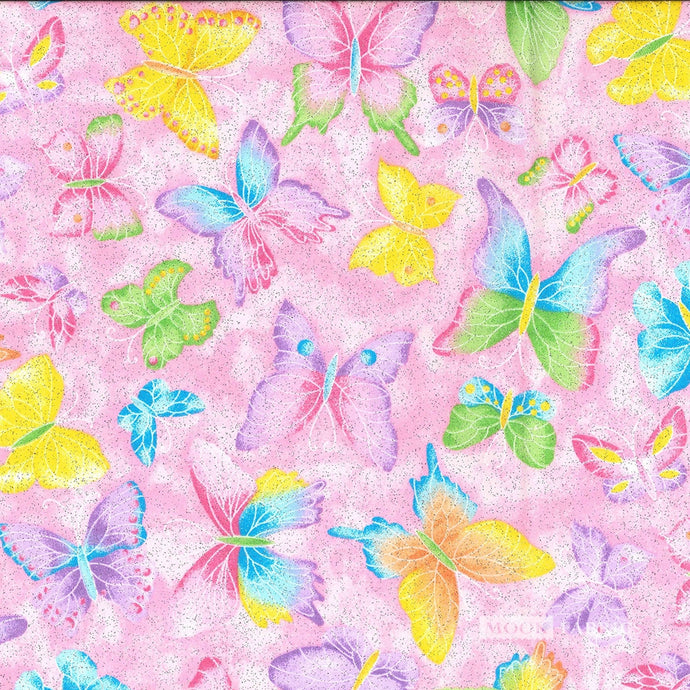 49160 $16.50/yd Colourful  Butterflies on pink