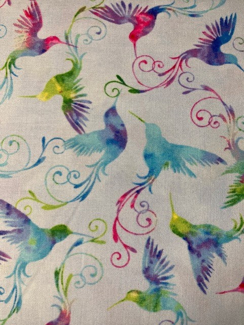 5780-17 SKY $18.99/yd Swirling Hummingbirds on Light Sky Blue Background