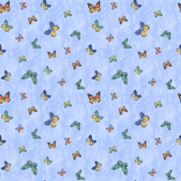 A9863-BL $18.95/yd Colourful butterflies on light blue