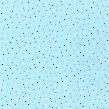 20604-4 $14.99/yd BRIGHT DAYS, BLUE WITH COLOURED DOTS ALL OVER