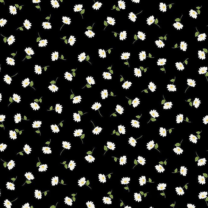 CD1927 $16.50yd White flowers on black background