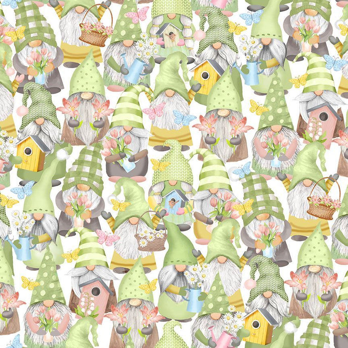 CD2002 $18.45/yd Gnomes ready for spring with their birdhouses