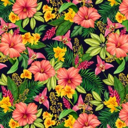 2119-BLK $20.22/YD Paradise tropical florals on black