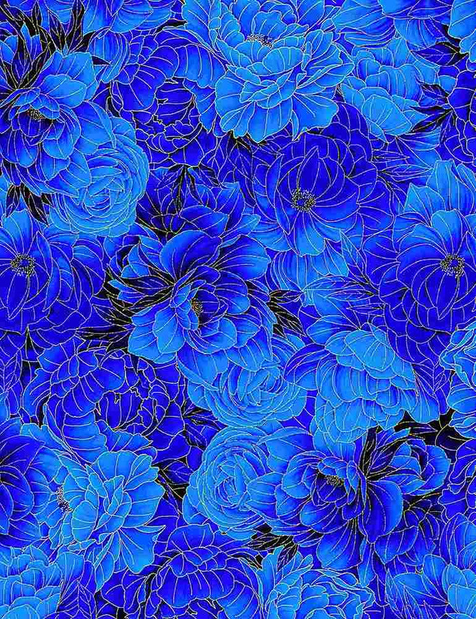 CM1564-BLU $18.45/yd (ONLY 4 YDS LEFT) Royal Plume Blue Metallic Floral in Rich Blues