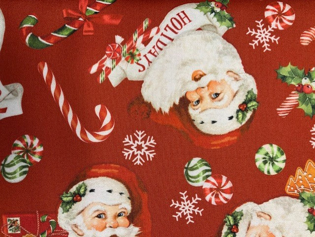 DP24624-24 $17.99/yd Santa and Christmas Candy on red