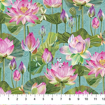 DP25057-64 $17.50/yd Pink water lilies on green