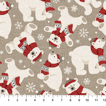 24681-12 $18.45/yd Warm & Cozy Flannel Fabric White Bears with Red Scarf on Taupe