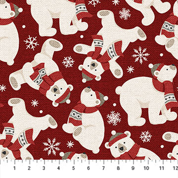 24681-26 $18.45/yd Warm & Cozy Flannel Fabric White Bears with Red Scarf on Red
