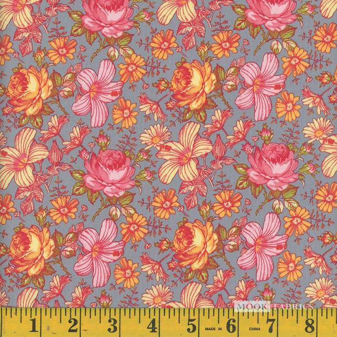 118412 $18.45/yd Beautiful Orange/peach and pink flowers on grey background