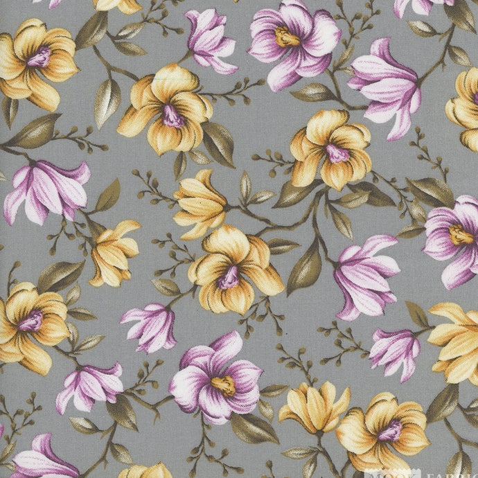 118449 $18.45/yd Purple, gold, on grey Beautiful flowers