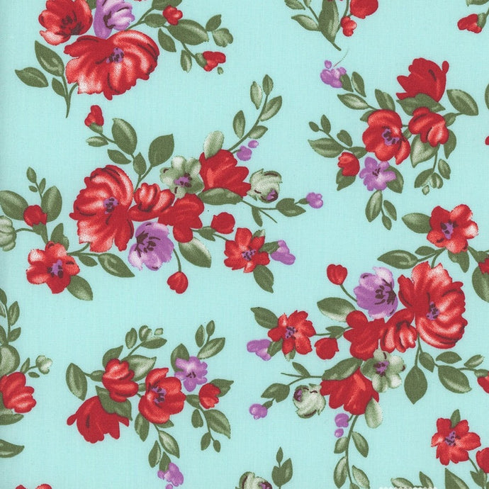 118457 $18.45/yd Dk red and purple flowers, green leaves on light green