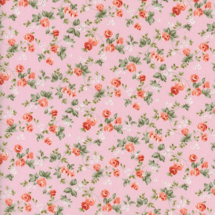 121398 $16.90/yd Pretty tiny light and dark red roses on pink