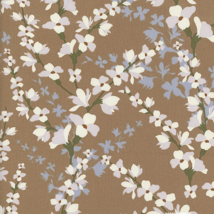 121427 $16.90/yd white and grey flowers on light brown or dark taupe background