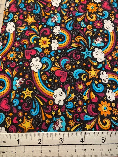 505 $11.50/yd (Only 2.5 yd piece and 1/2 yd piece) Burst of Color on Black